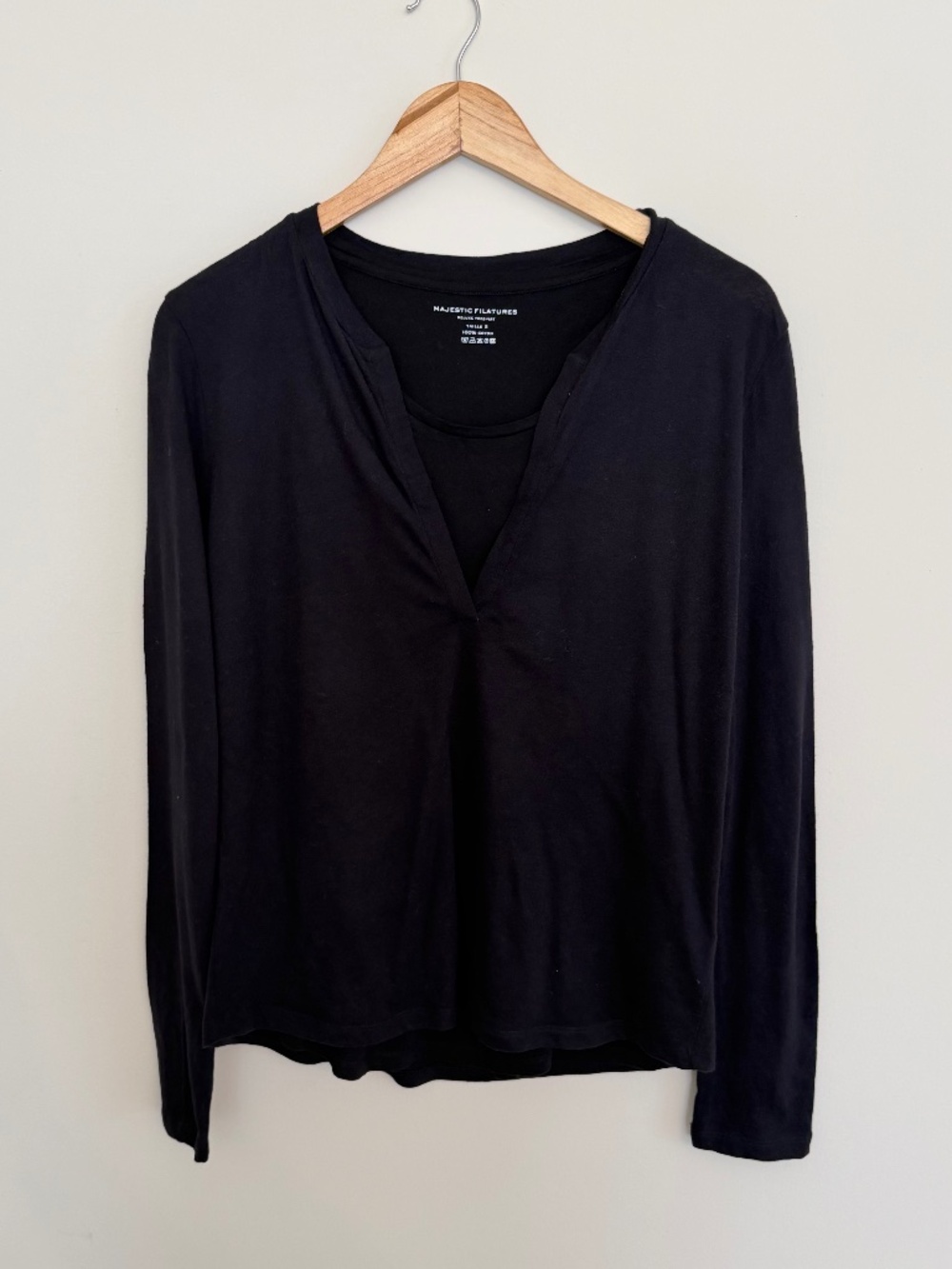 MAJESTIC FILATURES Women’s Large Black Double Layer V-neck Long Sleeve Tee